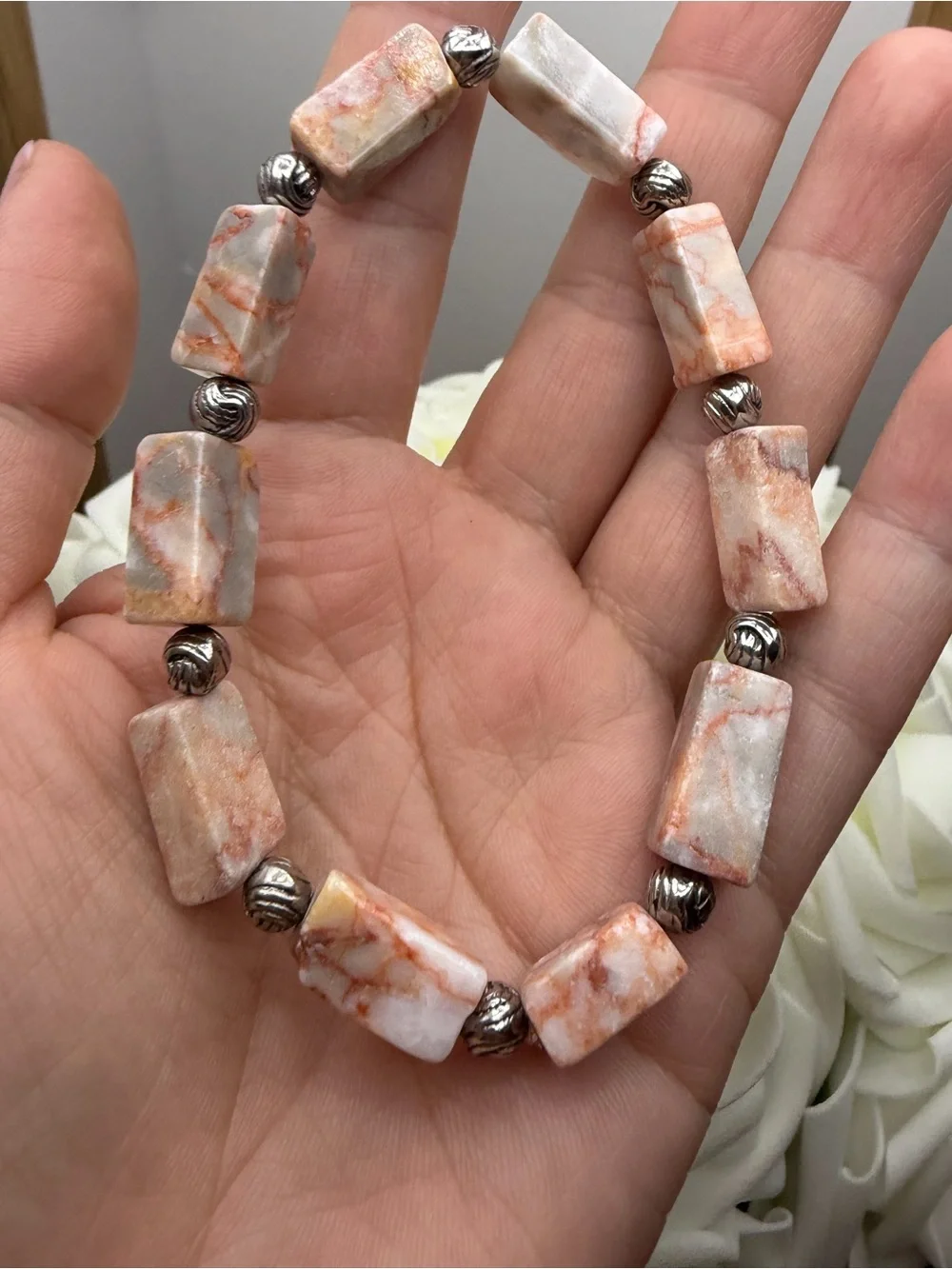Natural Peach Marble Stone Bracelet with Silver Accent Beads
